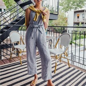 EVERLANE Gray Sleeveless Square Neck Linen Overalls Pinstriped Jumpsuit
